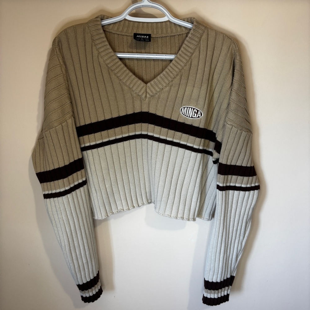 Minga Women’s XL Y2K Inspired Striped V-Neck Cropped Sweater Embroidered Logo
